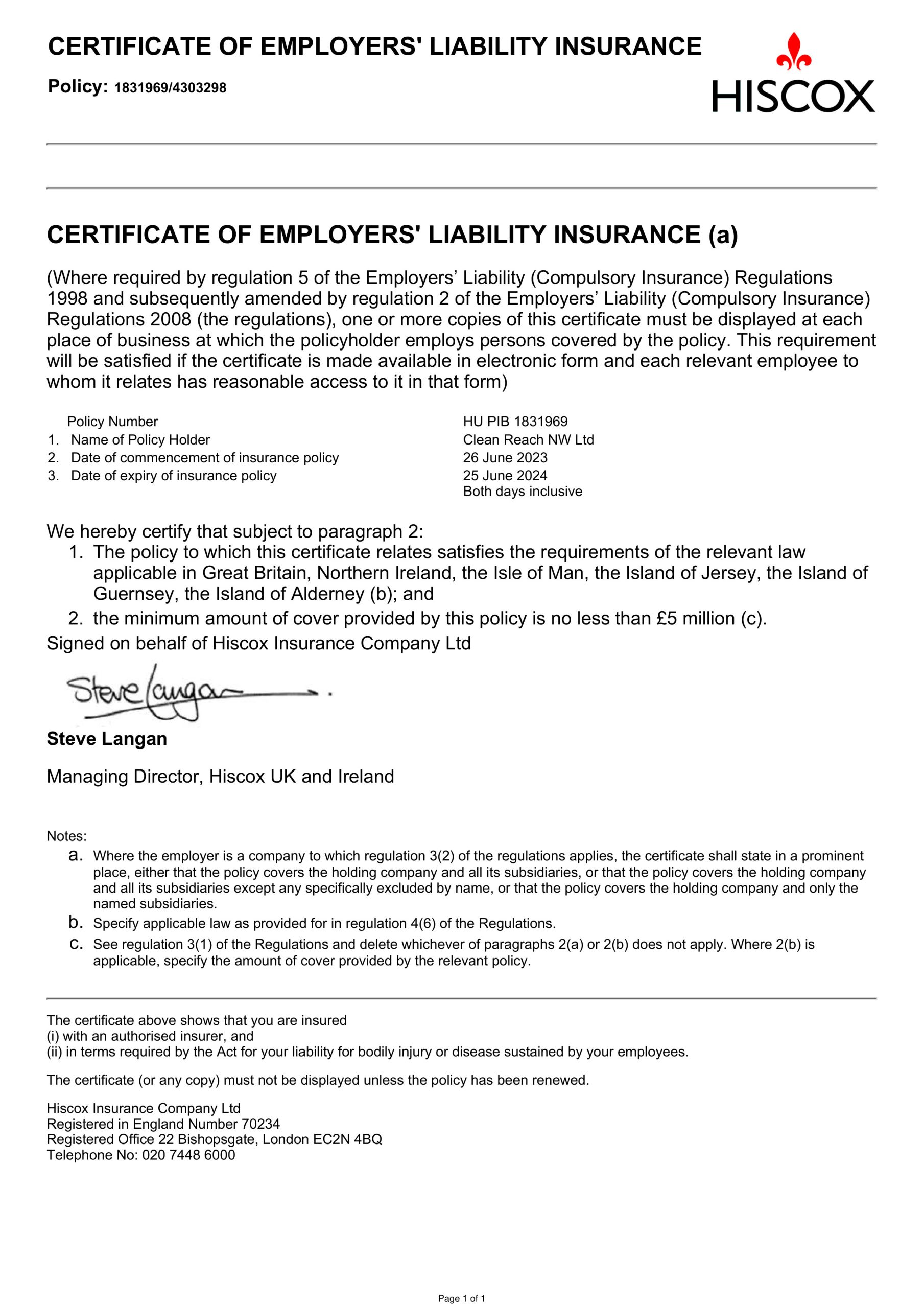 Employers Liability Certificate